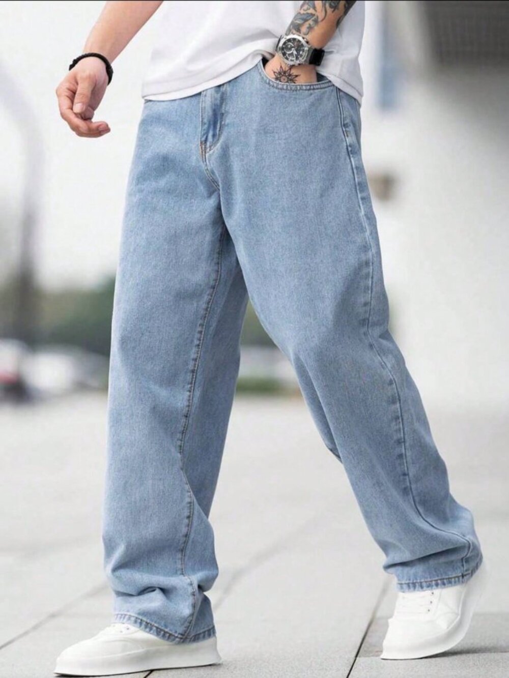 Light Wash Casual Men's Loose-Fit Zip Fly Long Pocket Plain Denim Pants